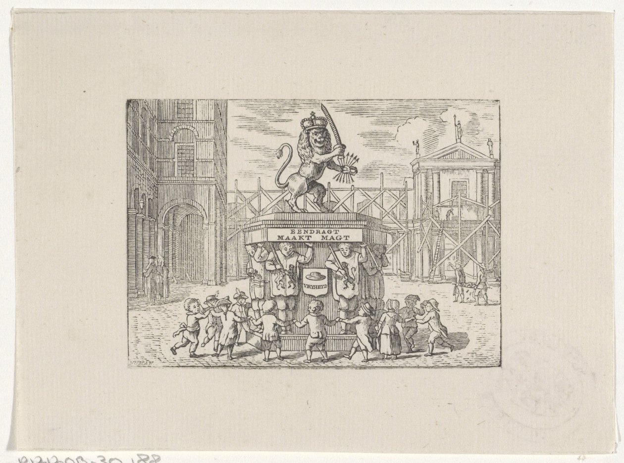 Kinderen dansend in een kring om een monument van de Zeven Provinciën door Hendrik Numan