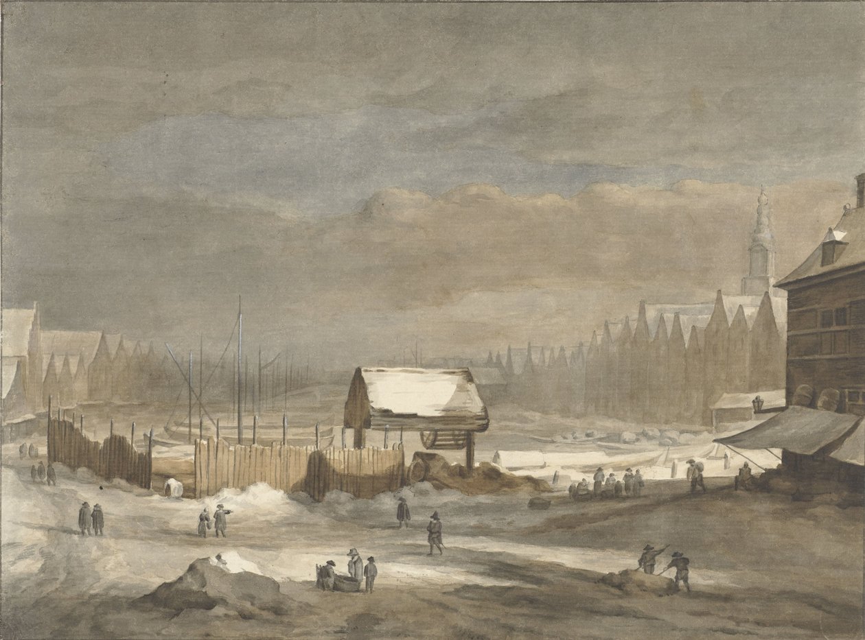 Het Damrak in de winter door Hendrik Pothoven