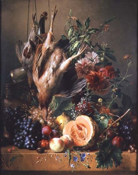 Patrijzen, druiven, pruimen, perziken, een meloen en chrysanten op een richel door Hendrik Reekers