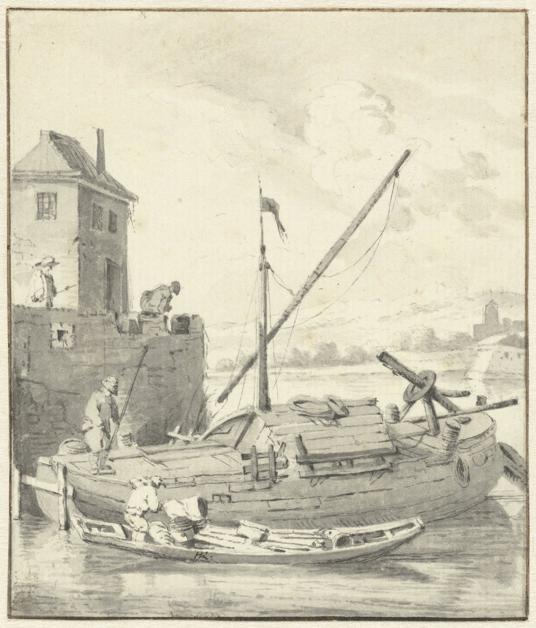 Schuit bij een stadsmuur door Hendrik Rietschoof