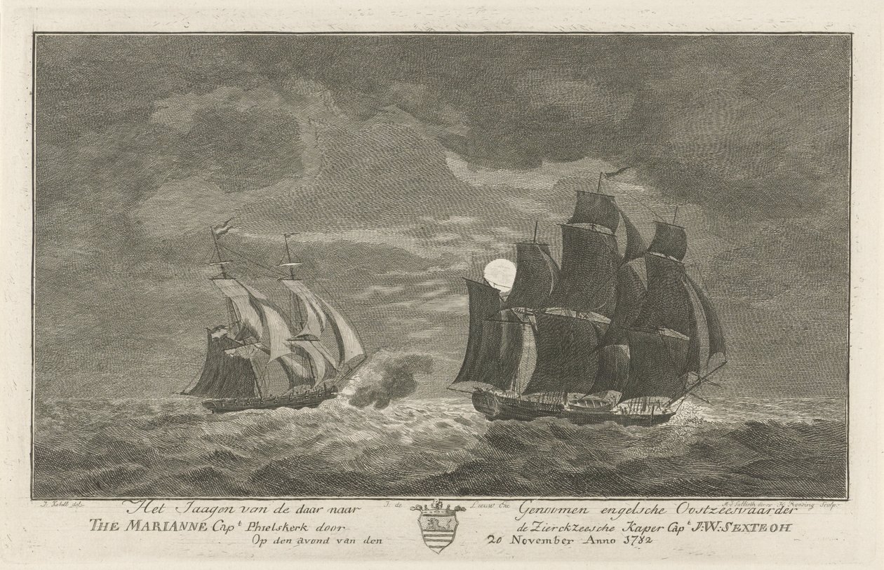 Sextroh jaagt op de Marianne, 1782 door Hendrik Roosing