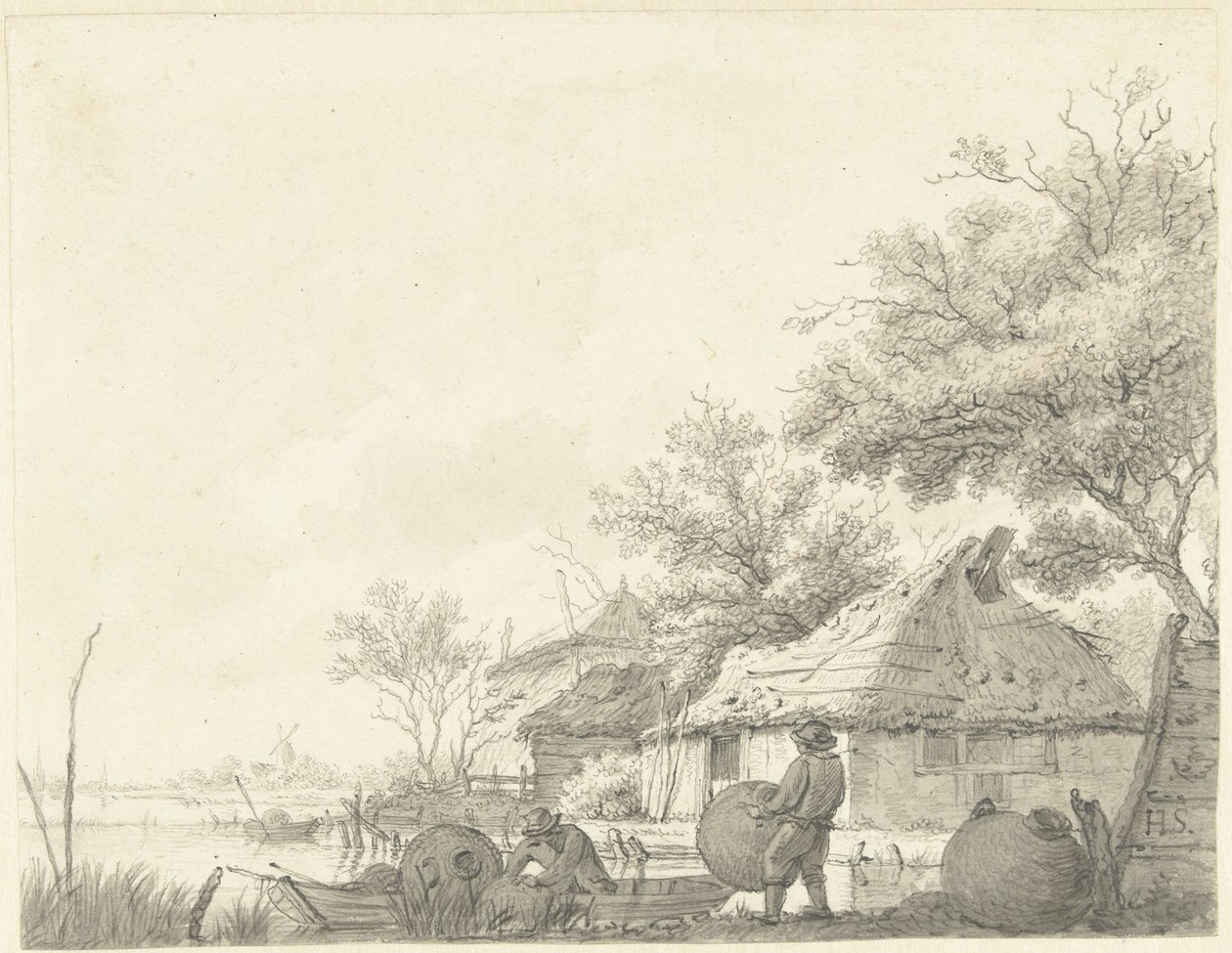 Twee vissers met korven bij een vaart door Hendrik Schwegman