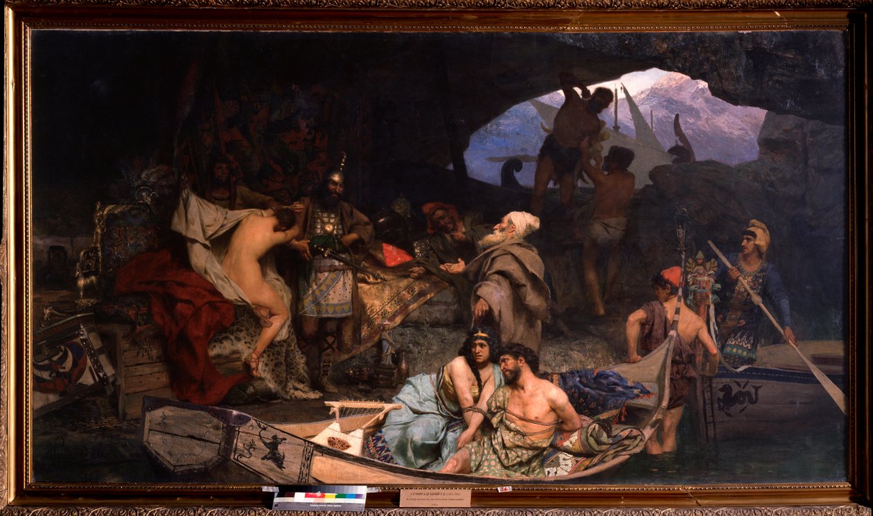 Les corsaires. (Scène waar ze hun buit en gevangenen (gijzelaars) in een grot brengen). Schilderij door Henryk Siemiradzki (1843-1902) door Henryk Siemiradzki