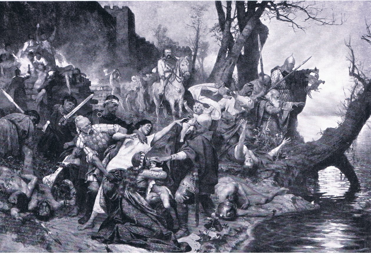 Krijgers van Sviatoslav bij het bloedbad onder de muren van Drster, illustratie uit Landmarks in European History door Henryk Siemiradzki