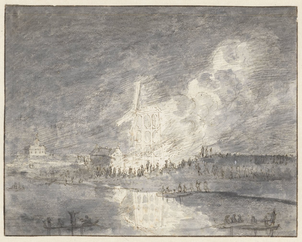 Brand in een molen aan de Muiderdijk, ca. 1710 door Hendrik Spilman