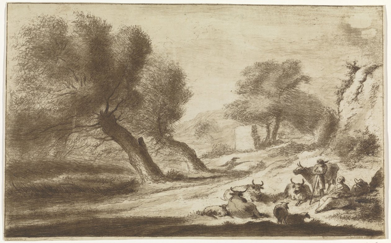 Landschap met rustende herders en vee door Hendrik Spilman