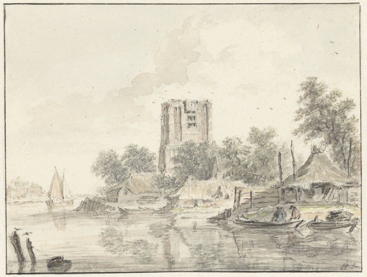 Rivierlandschap met een grote stompe kerktoren door Hendrik Spilman