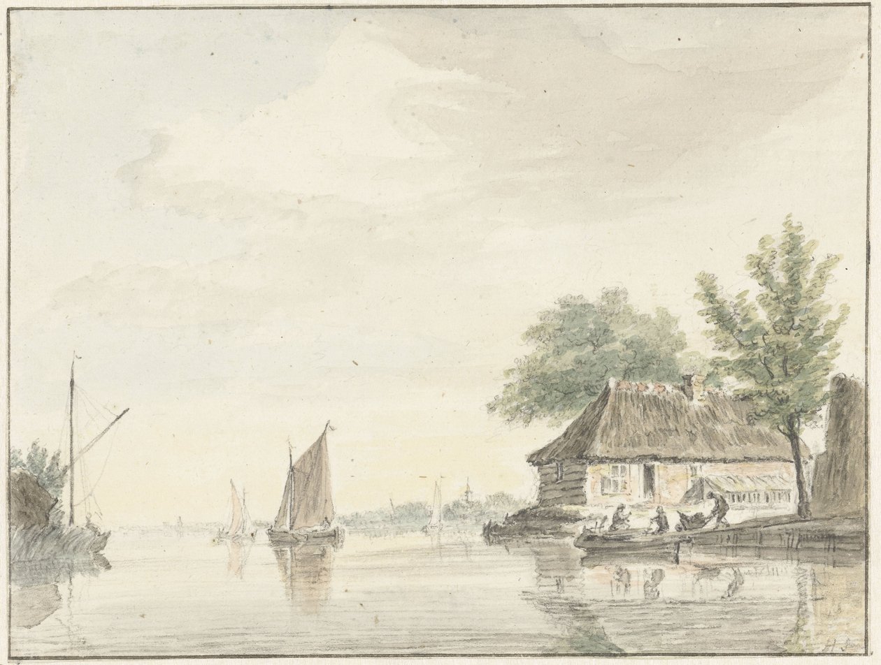 Rivierlandschap met zeilende boten door Hendrik Spilman
