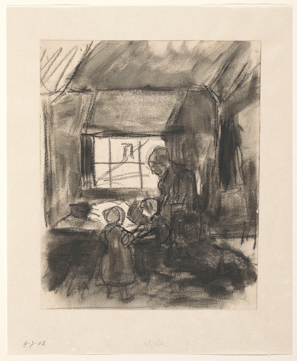 Interieur met vrouw en twee kindertjes door Hendrik Valkenburg