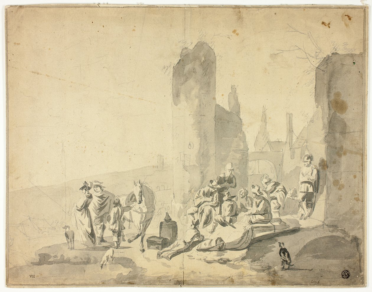 Havenscène met verschillende figuren door Hendrik Verschuring