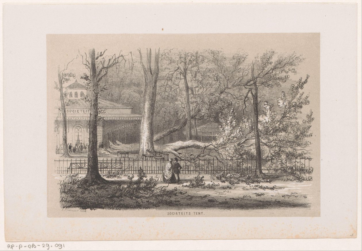 Omgewaaide boom bij de sociëteit, na de storm van 28 mei 1860 door Hendrik Wilhelmus Last