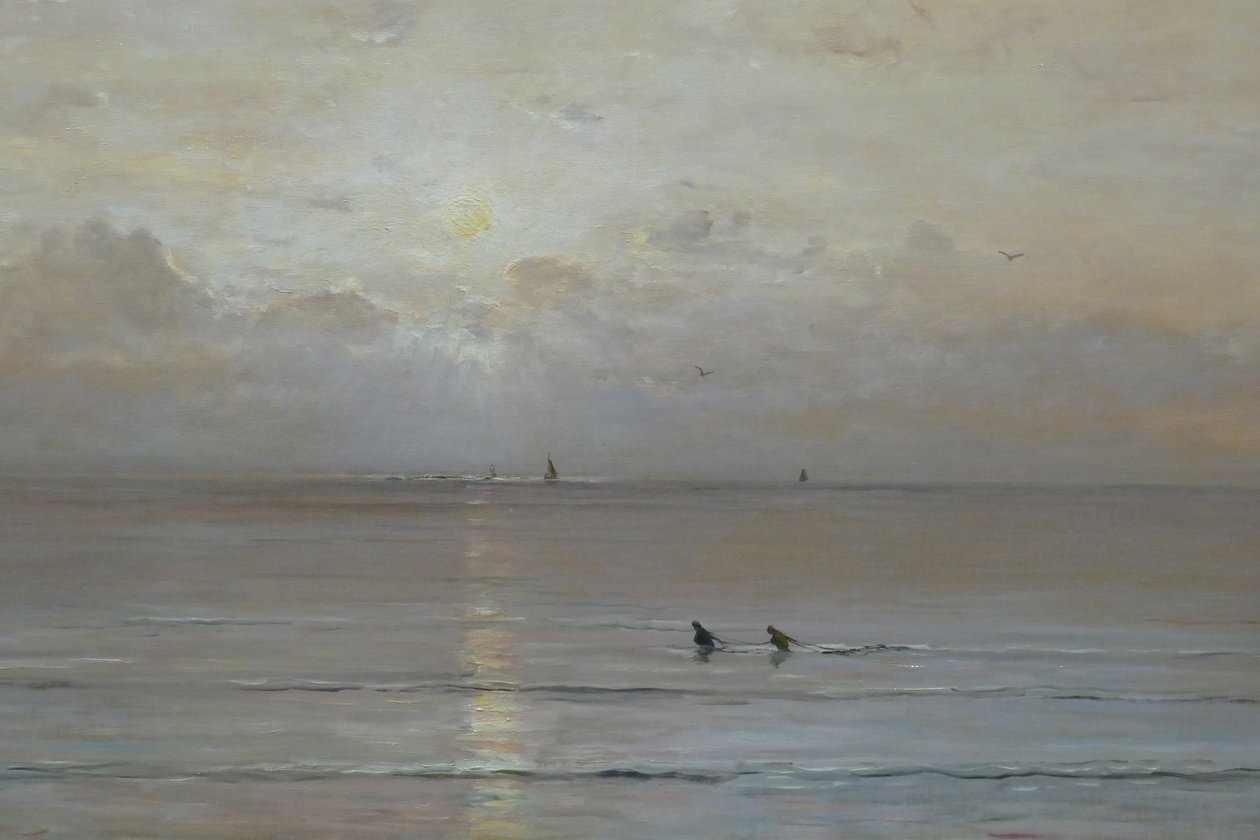 Dutch: Zonsondergang met garnalenvissers door Hendrik Willem Mesdag