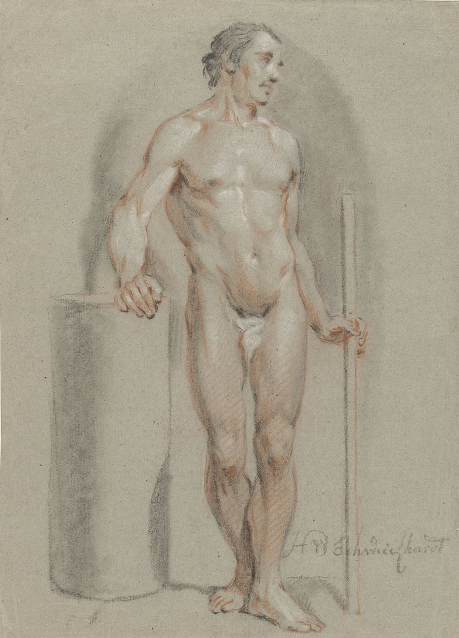 Staand mannelijk naakt, met een stok in de hand, steunend op een ateliercylinder door Hendrik Willem Schweickhardt