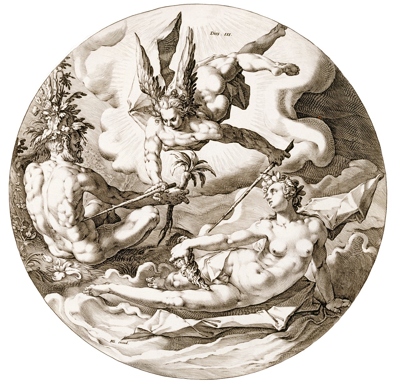 Dag III, De Scheiding van de Wateren, uit de serie De Zes Dagen van de Schepping, 1589 door Hendrik after Goltzius