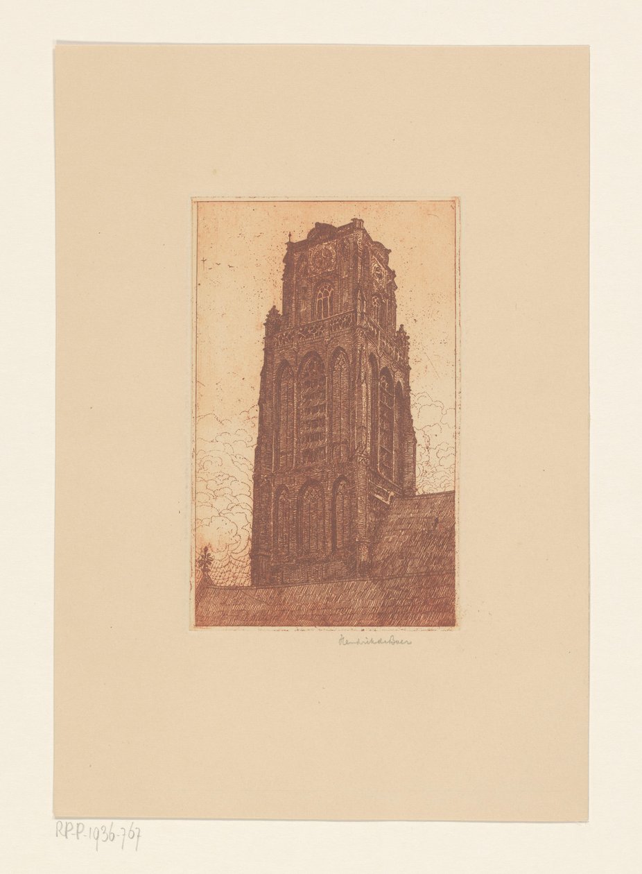 Studie van een kerktoren door Hendrik de Boer (signed by artist)