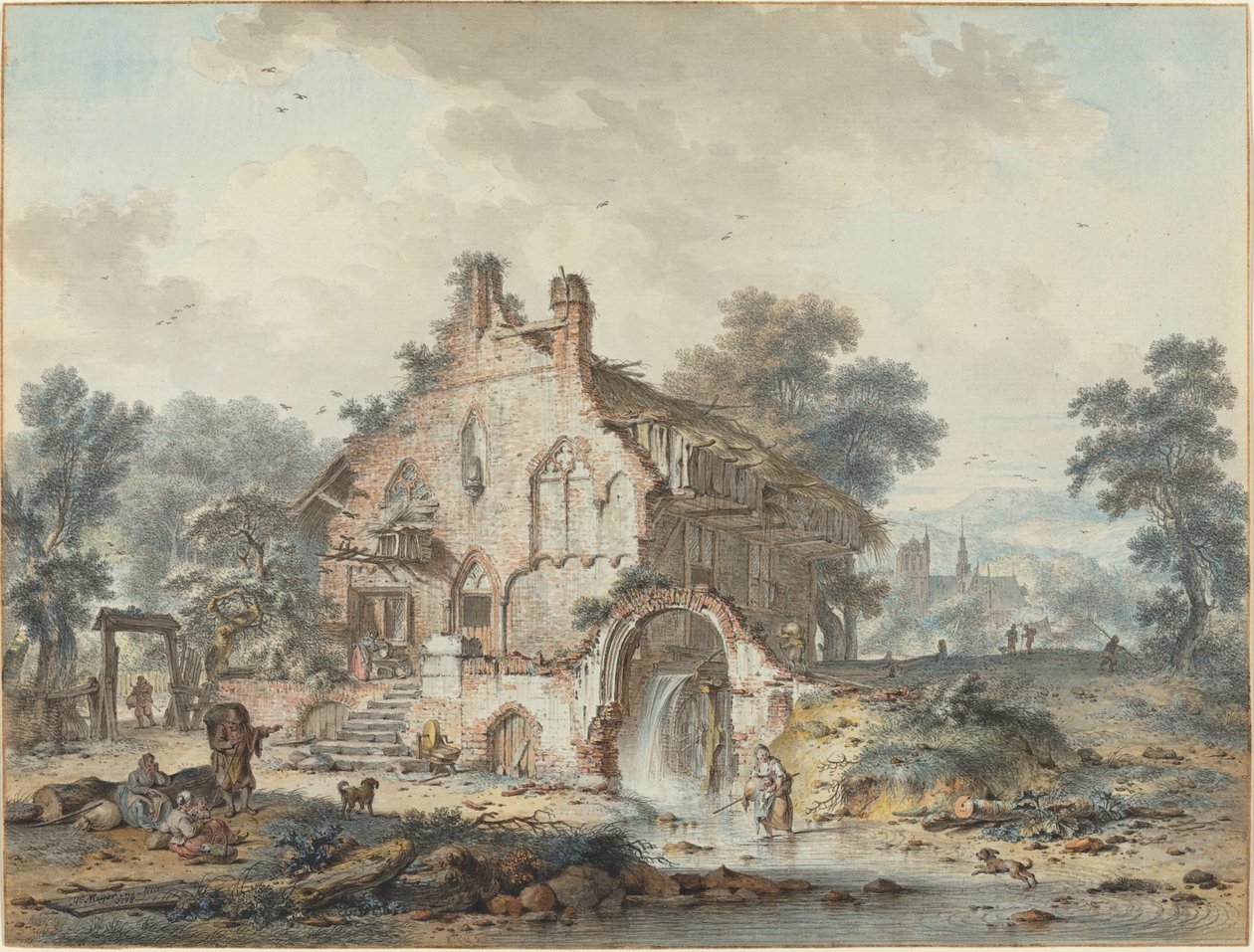 Rustieke watermolen in een gotische ruïne door Hendrik de Meyer II
