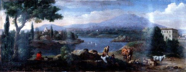 Italiaans Landschap, met Rustende Koeherders door Hendrik van (studio of) Lint