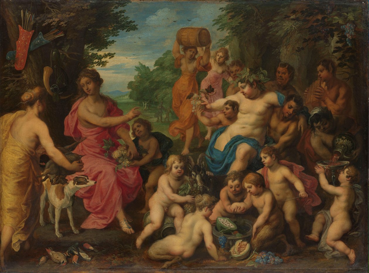 Diana aangeboden wijn en fruit door Bacchus en zijn gevolg door Hendrik van Balen (I)