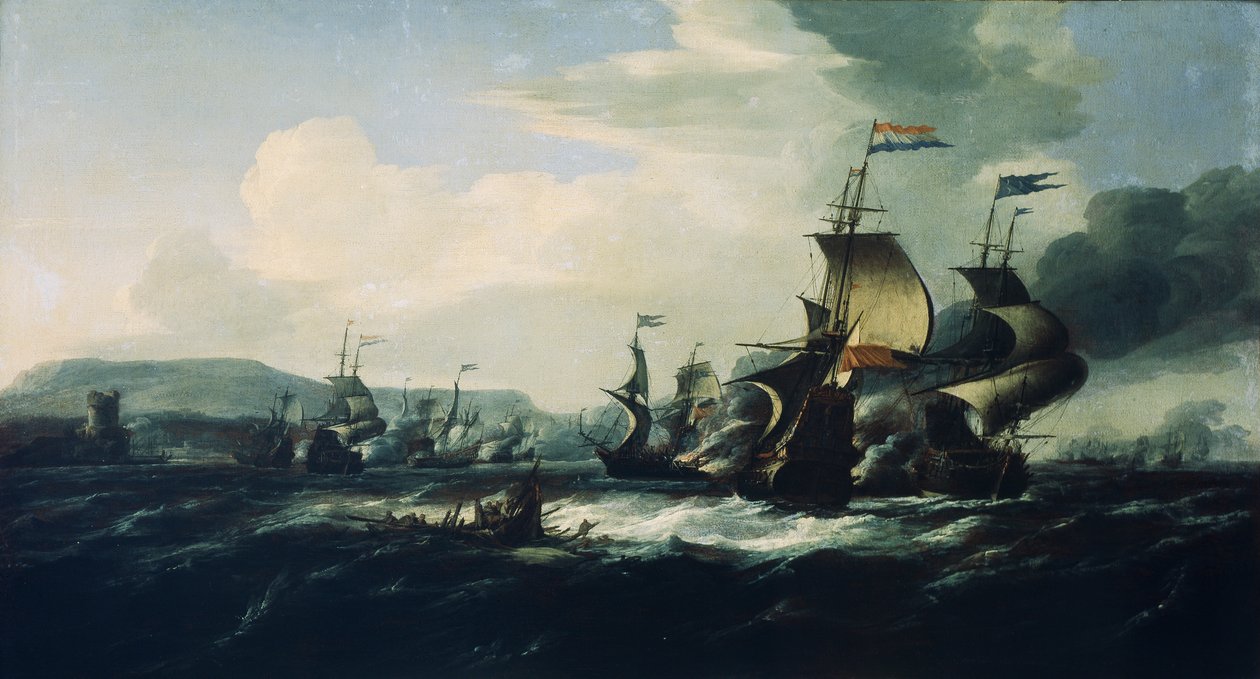 Een gevecht tussen de Nederlanders en Barbarijse piraten nabij de kust, laat 17e eeuw door Hendrik van Minderhout