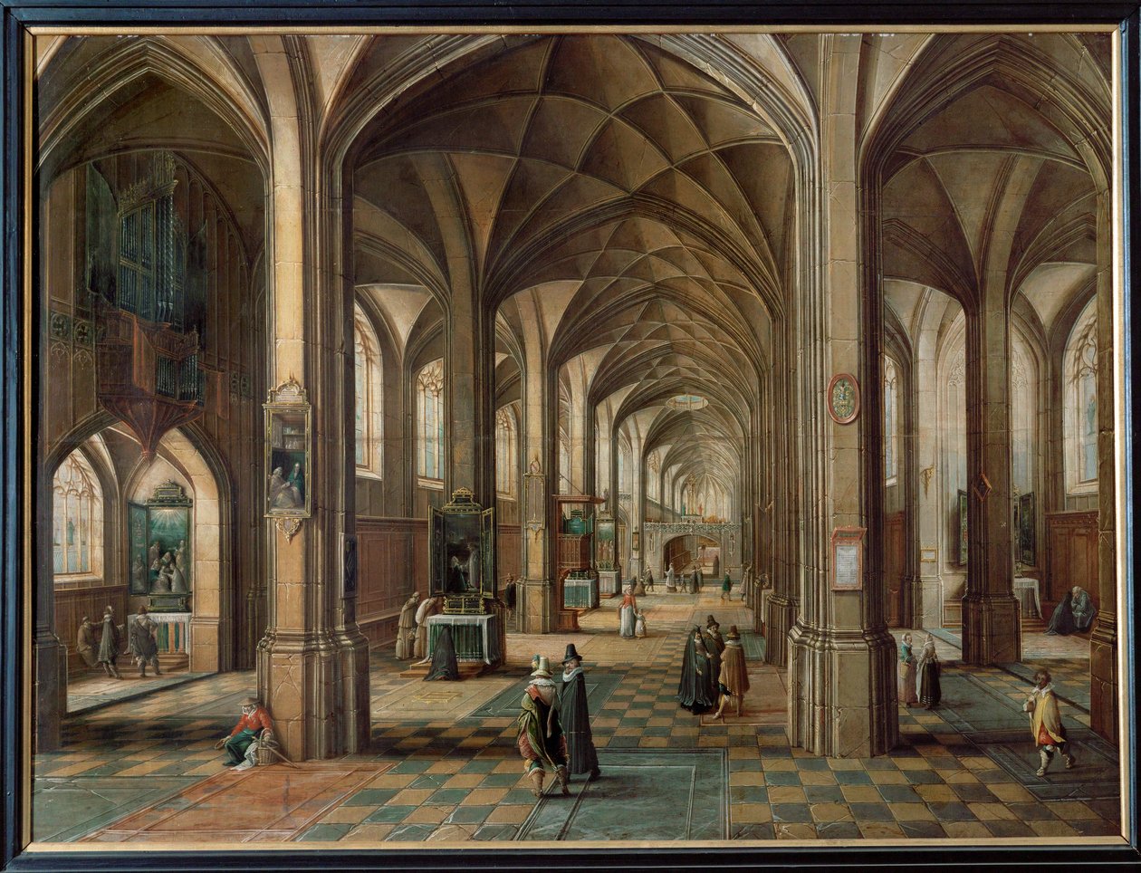 Interieur van een kerk, Sacristaan toont altaar aan bezoekers ... door Hendrik van Steenwyck