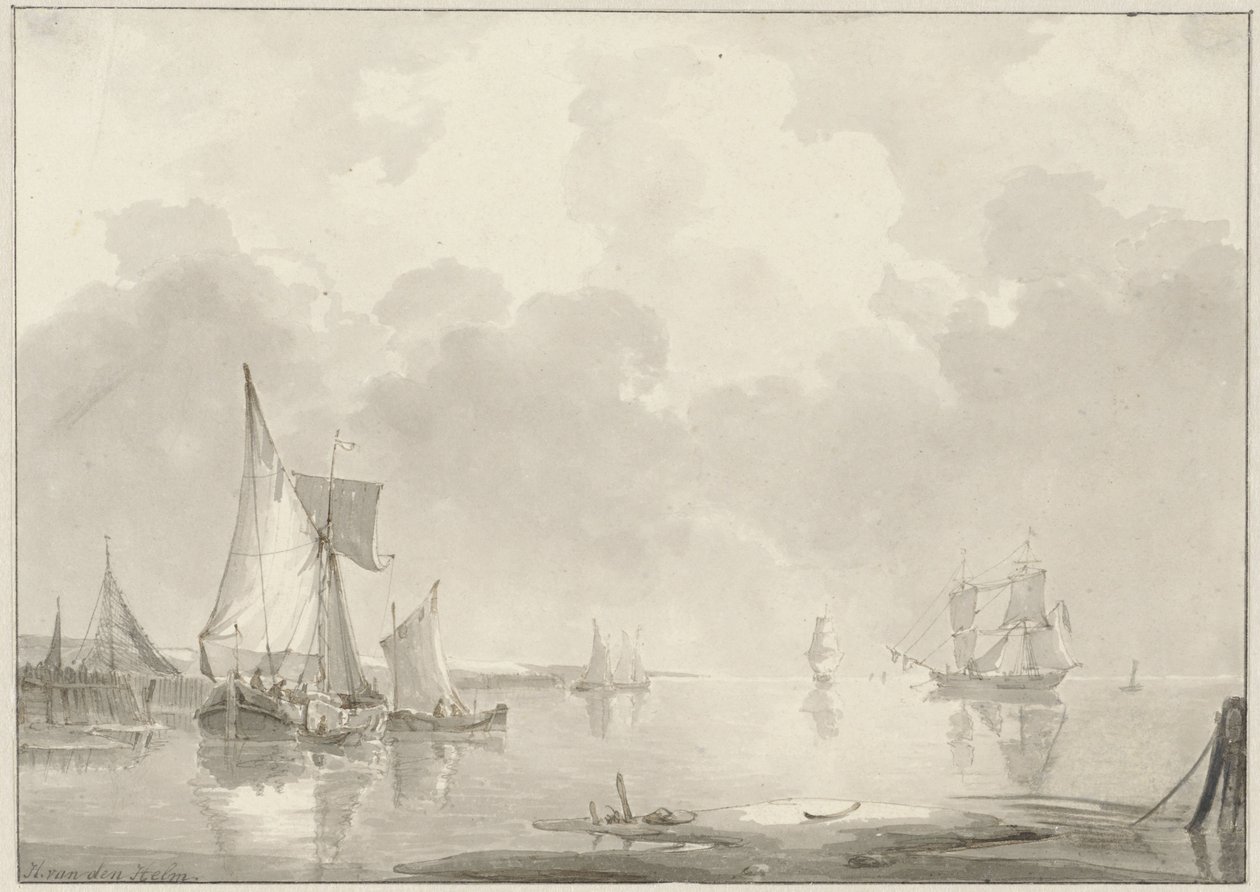 Gezicht voor de kust met schepen in stil water door Hendrik van den Helm