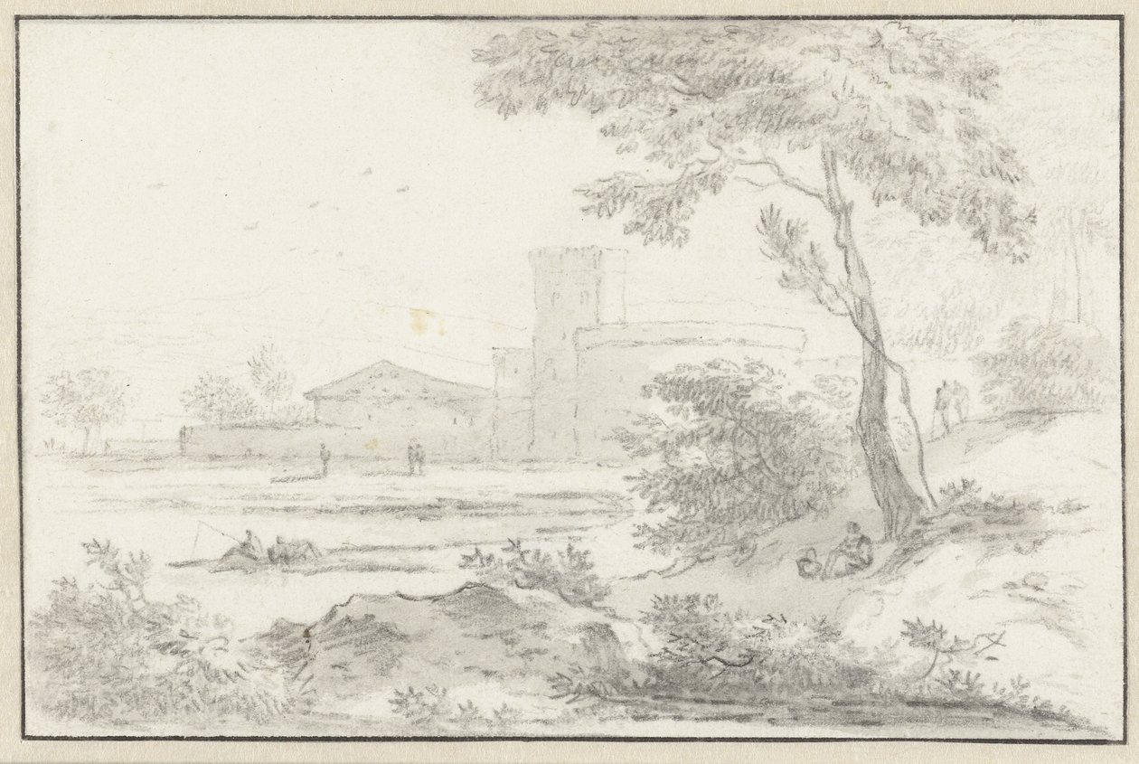 Italiaans landschap met versterkt gebouw op de achtergrond door Hendrik van der Straaten