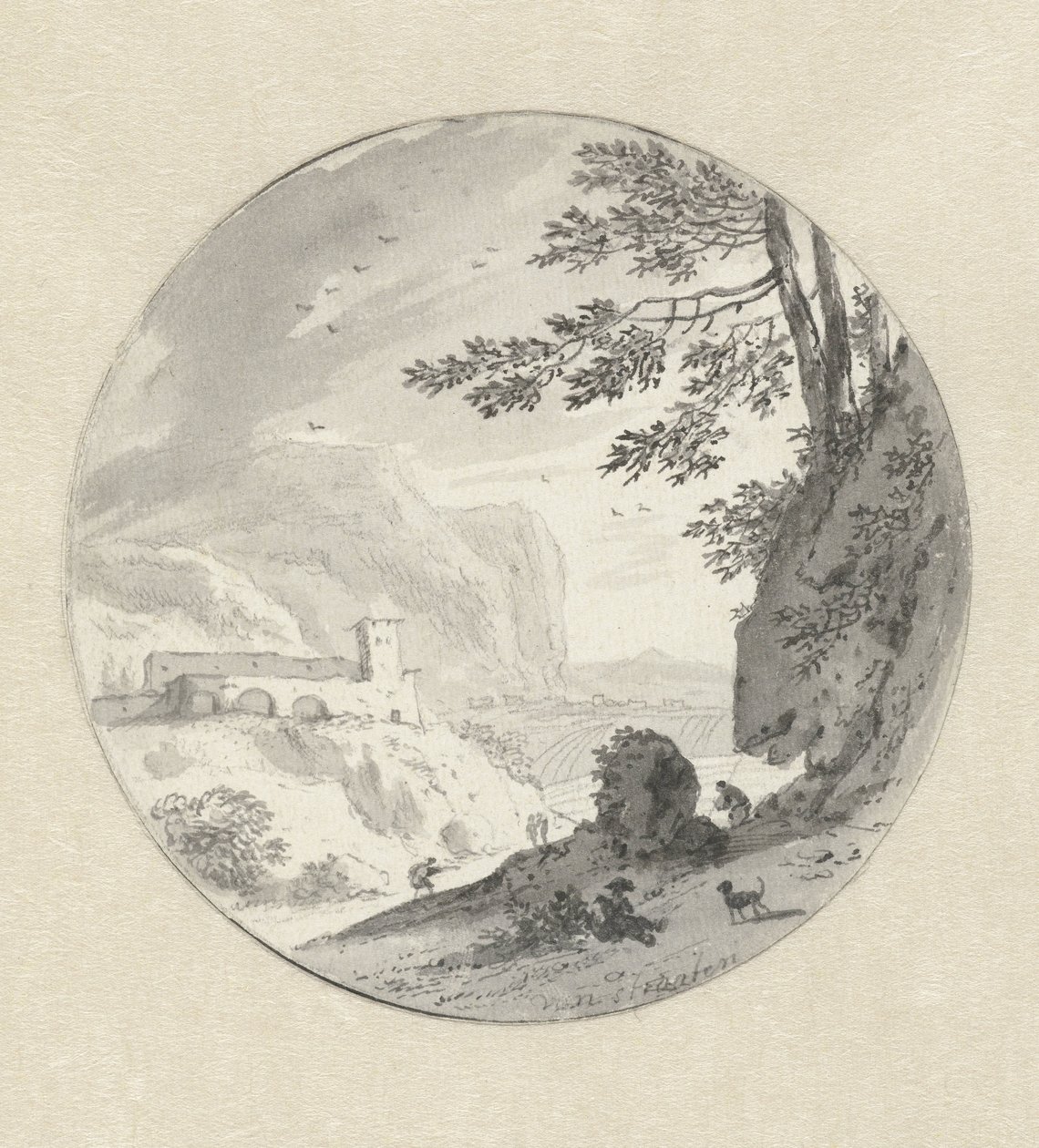 Italiaans berglandschap met een klooster boven een vallei door Hendrik van der Straaten