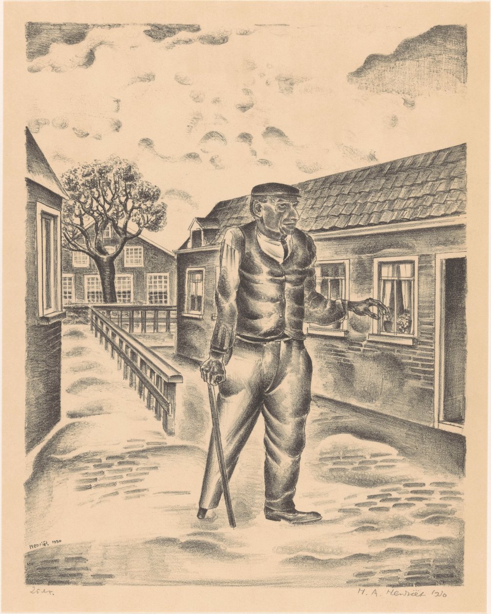 Man met houten been en wandelstok door Henk Henriët (signed by artist)