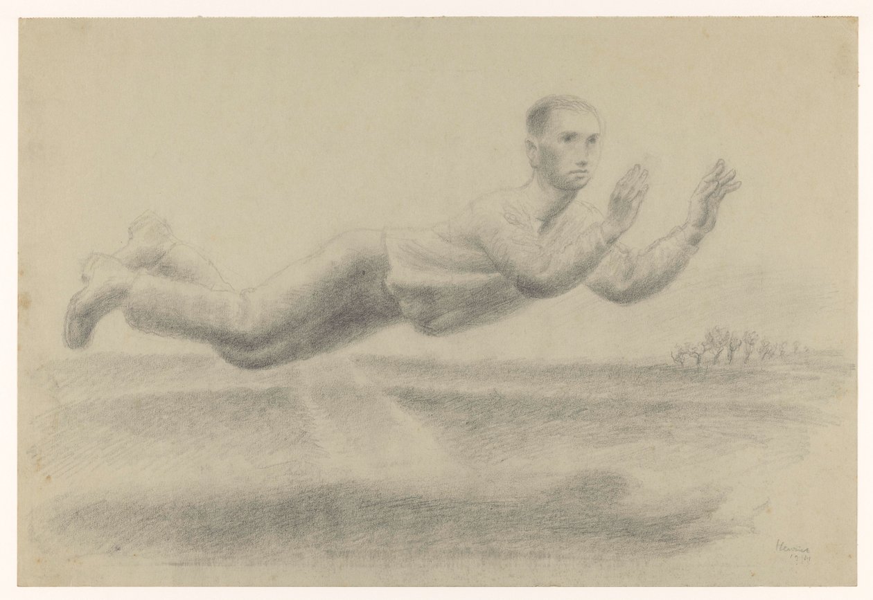 Zelfportret met geheven handen zwevend in een landschap door Henk Henriët (signed by artist)