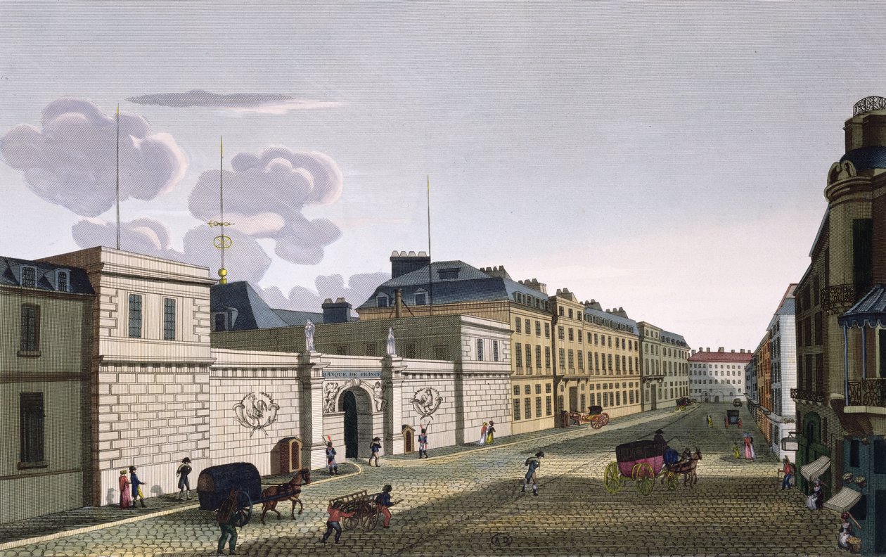 De Bank van Frankrijk vanaf Rue Croix-Petits-Champs, gegraveerd door Eugene Dubois, 1800 door Henri Courvoisier Voisin