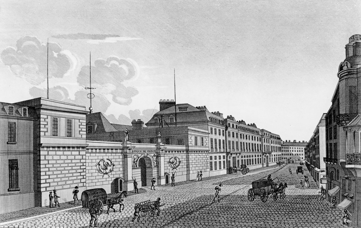 Uitzicht op de Bank van Frankrijk vanaf de Rue Croix-des-Petits-Champs, 1800 door Henri Courvoisier Voisin