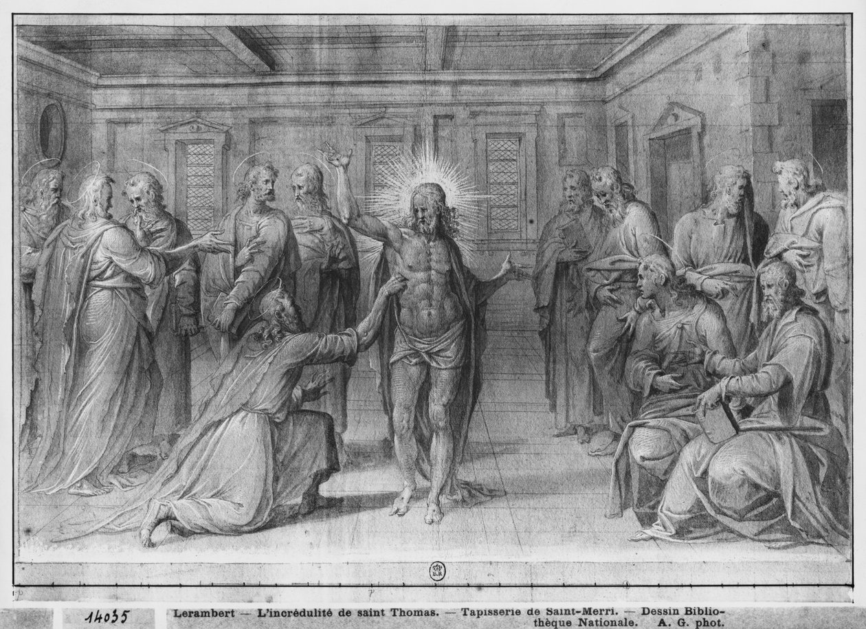 Leven van Christus, Ongeloof van St. Thomas, voorbereidende studie van tapijtkarton voor de kerk Saint-Merri in Parijs, ca. 1585-90 door Henri Lerambert