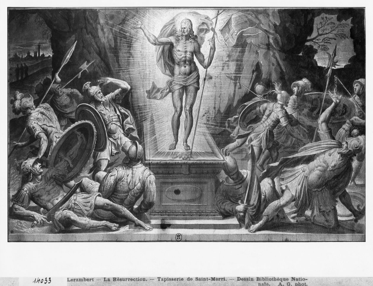 Leven van Christus, Opstanding van Christus, voorbereidende studie van tapijtkarton voor de kerk Saint-Merri in Parijs, ca. 1585-90 door Henri Lerambert