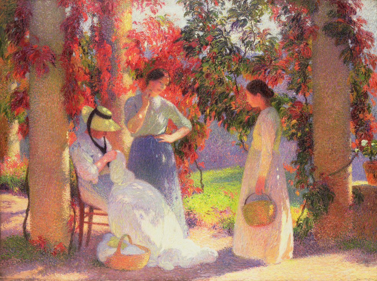 Naaiscène onder de pergola in Marquayrol door Henri Martin