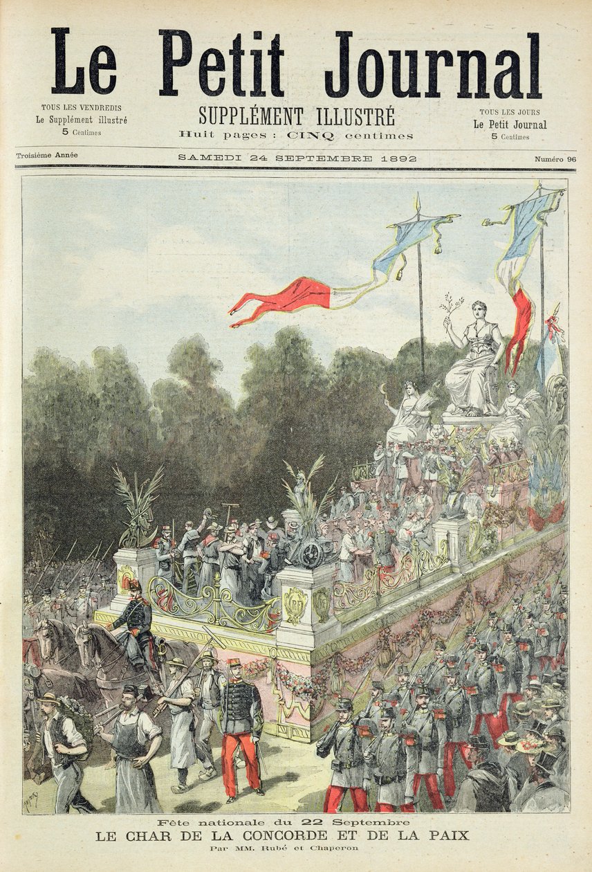 Titelpagina die de nationale feestdag op 22 september viert ter gelegenheid van het eeuwfeest van de proclamatie van de Republiek, illustratie uit de geïllustreerde bijlage van Le Petit Journal, 24 september door Henri Meyer