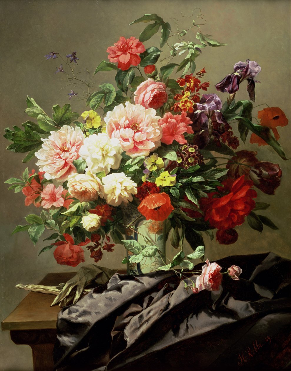 Pioenen, papavers en rozen, 1849 door Henri Robbe