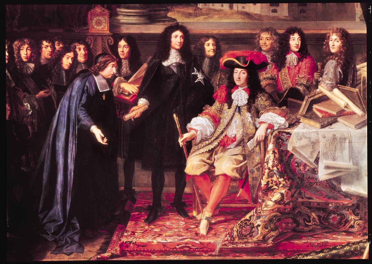 Jean-Baptiste Colbert (1619-83) Presenteert de Leden van de Koninklijke Academie van Wetenschappen aan Lodewijk XIV (1638-1715) (detail) door Henri Testelin