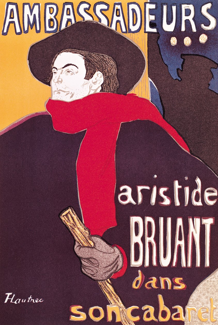 Poster die Aristide Bruant (1851-1925) in zijn cabaret bij de Ambassadeurs adverteert, 1892 door Henri de Toulouse Lautrec