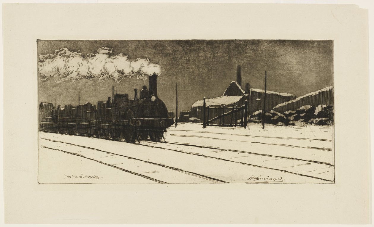 Locomotief, sneeuw effect, c.1888 door Henri Charles Guérard