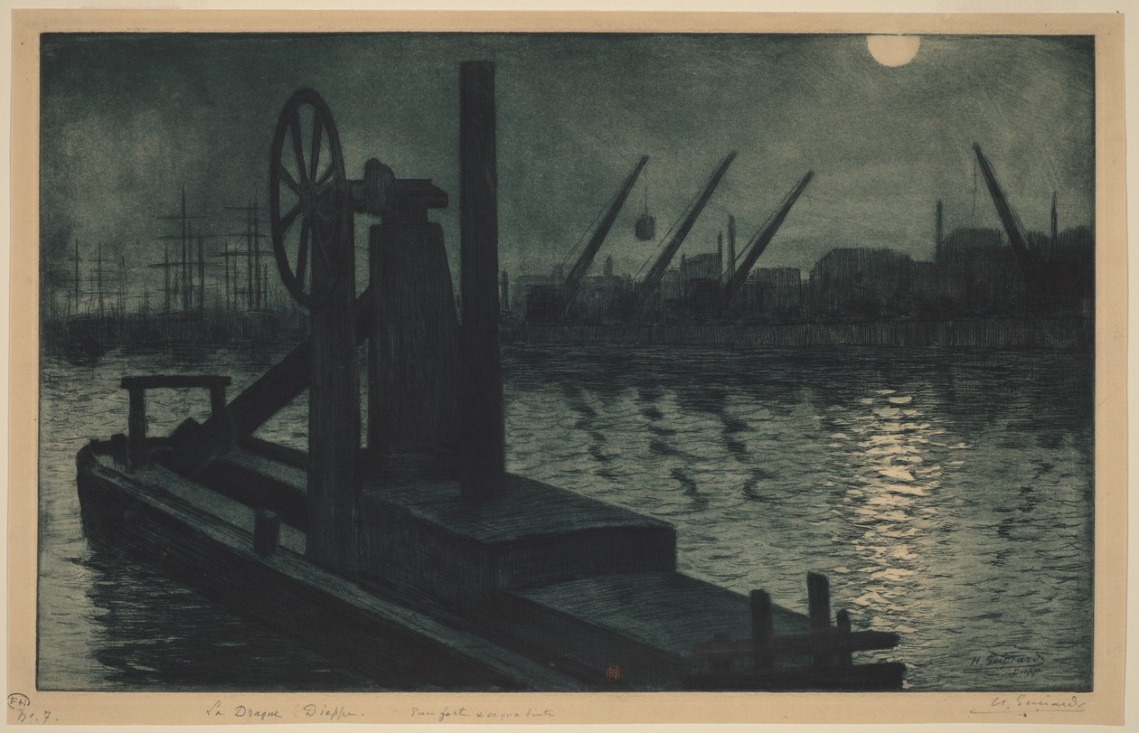 De baggermolen van Dieppe, een baggermolen in de haven van Dieppe bij maanlicht door Henri-Charles Guérard