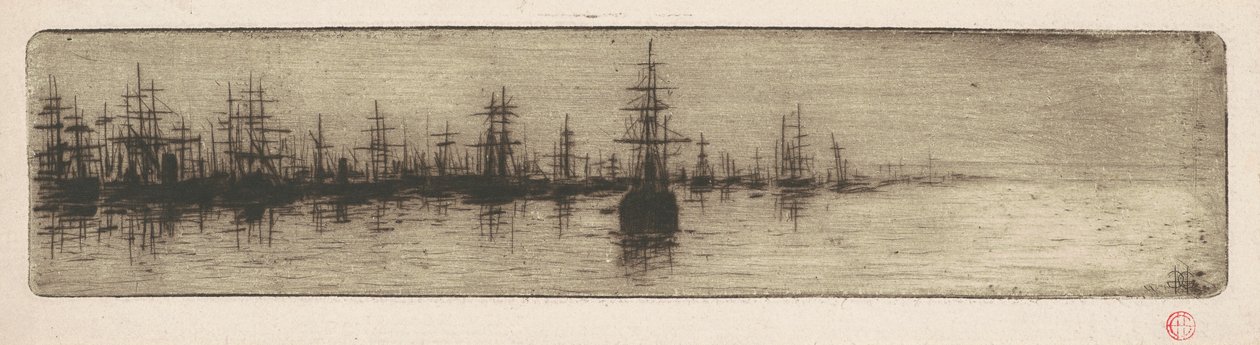 Hoge schepen in een haven door Henri-Charles Guérard