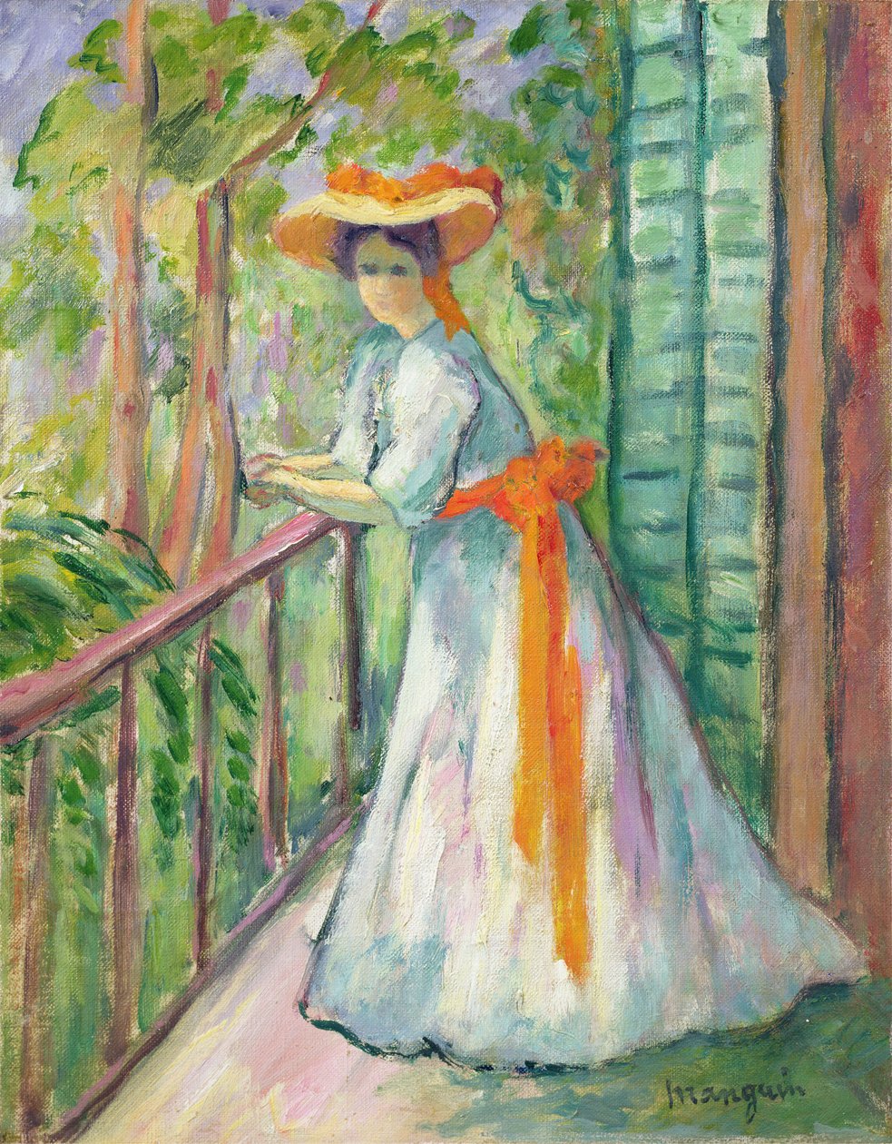 Vrouw op een balkon, of Jeanne met een oranje lint door Henri Charles Manguin