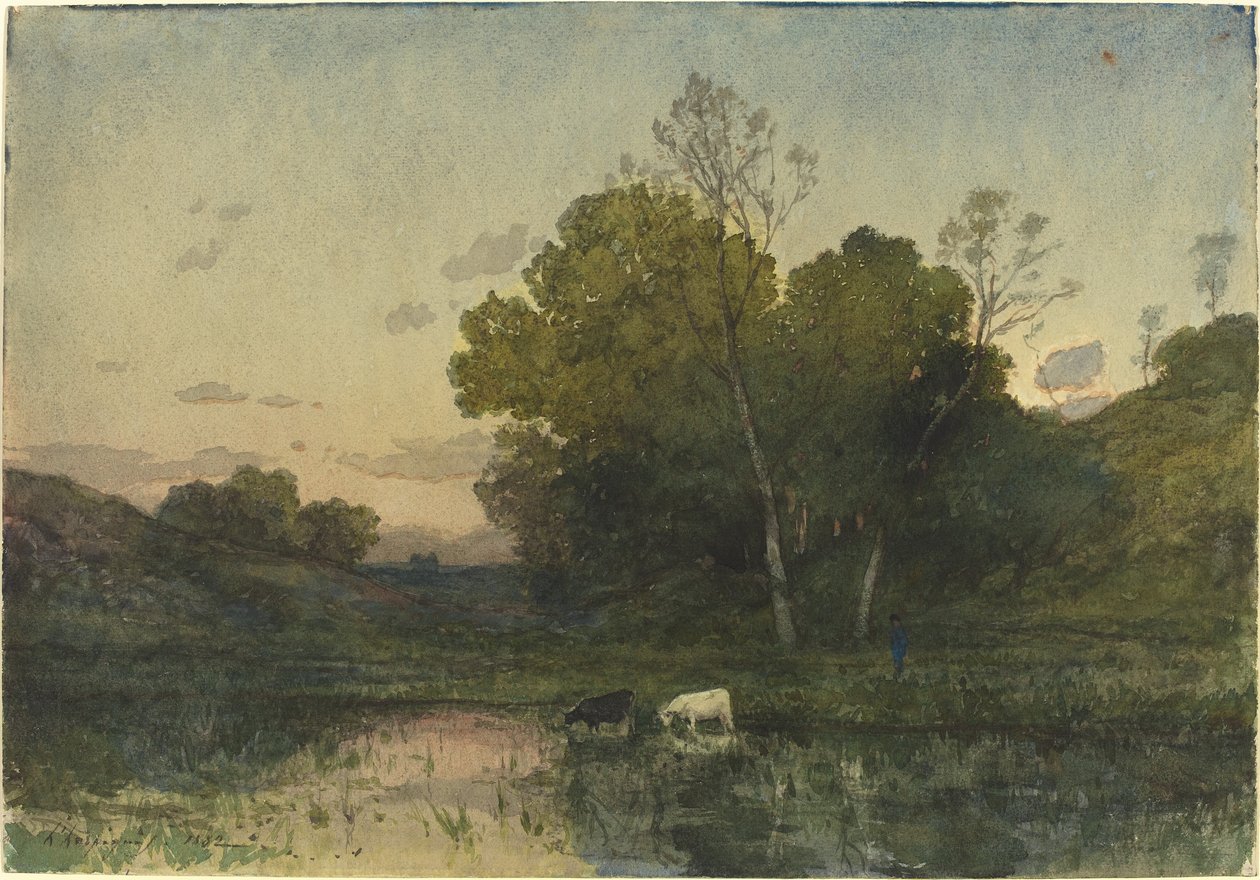Avondlicht aan een beboste oever met drinkend vee door Henri-Joseph Harpignies