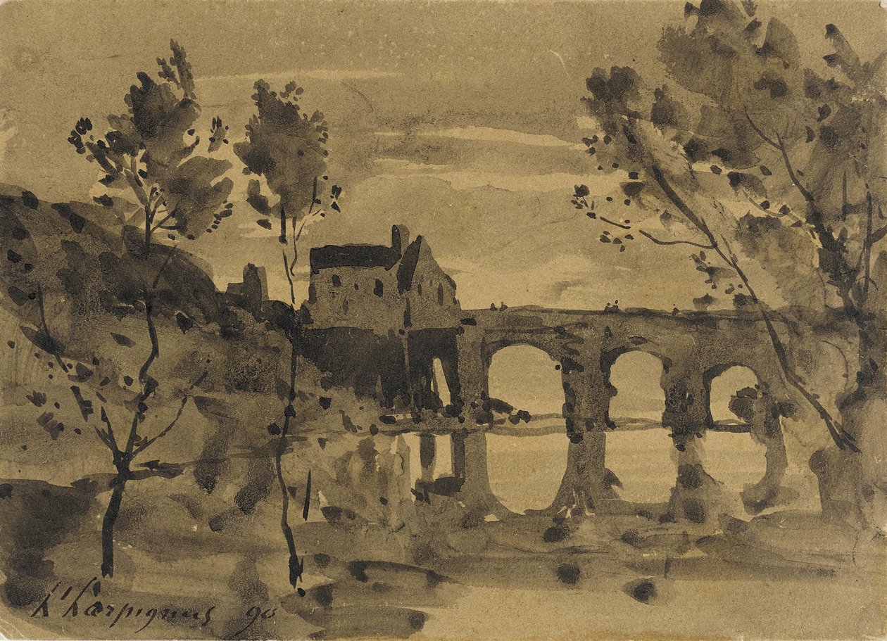 Rivierlandschap met brug en huis door Henri-Joseph Harpignies