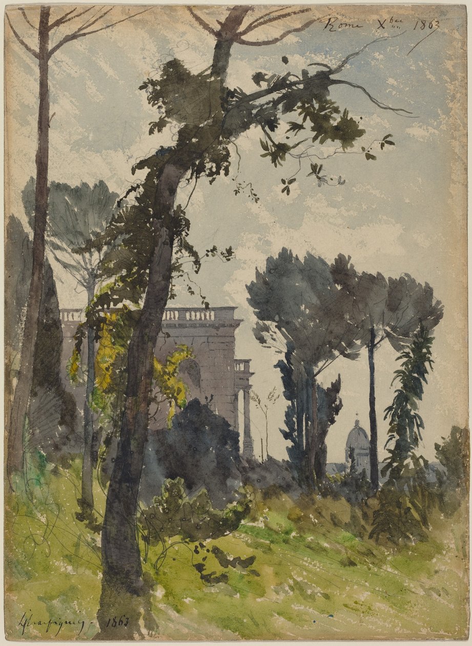 Uitzicht op de koepel van de Sint-Pietersbasiliek, Rome door Henri-Joseph Harpignies