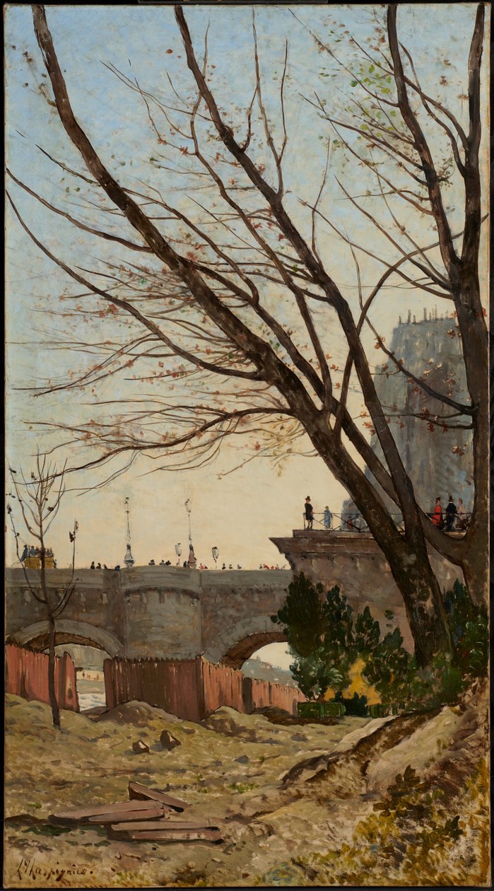 Gezicht op de Pont Neuf en de westelijke punt van het Île de la Cité vanaf de oevers van de Seine door Henri-Joseph Harpignies