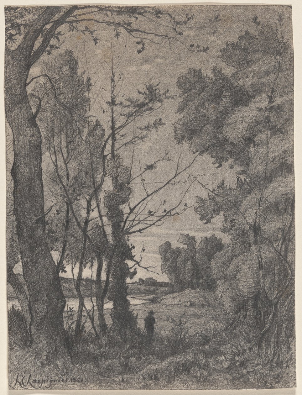 Bosrijk landschap langs een rivier door Henri-Joseph Harpignies