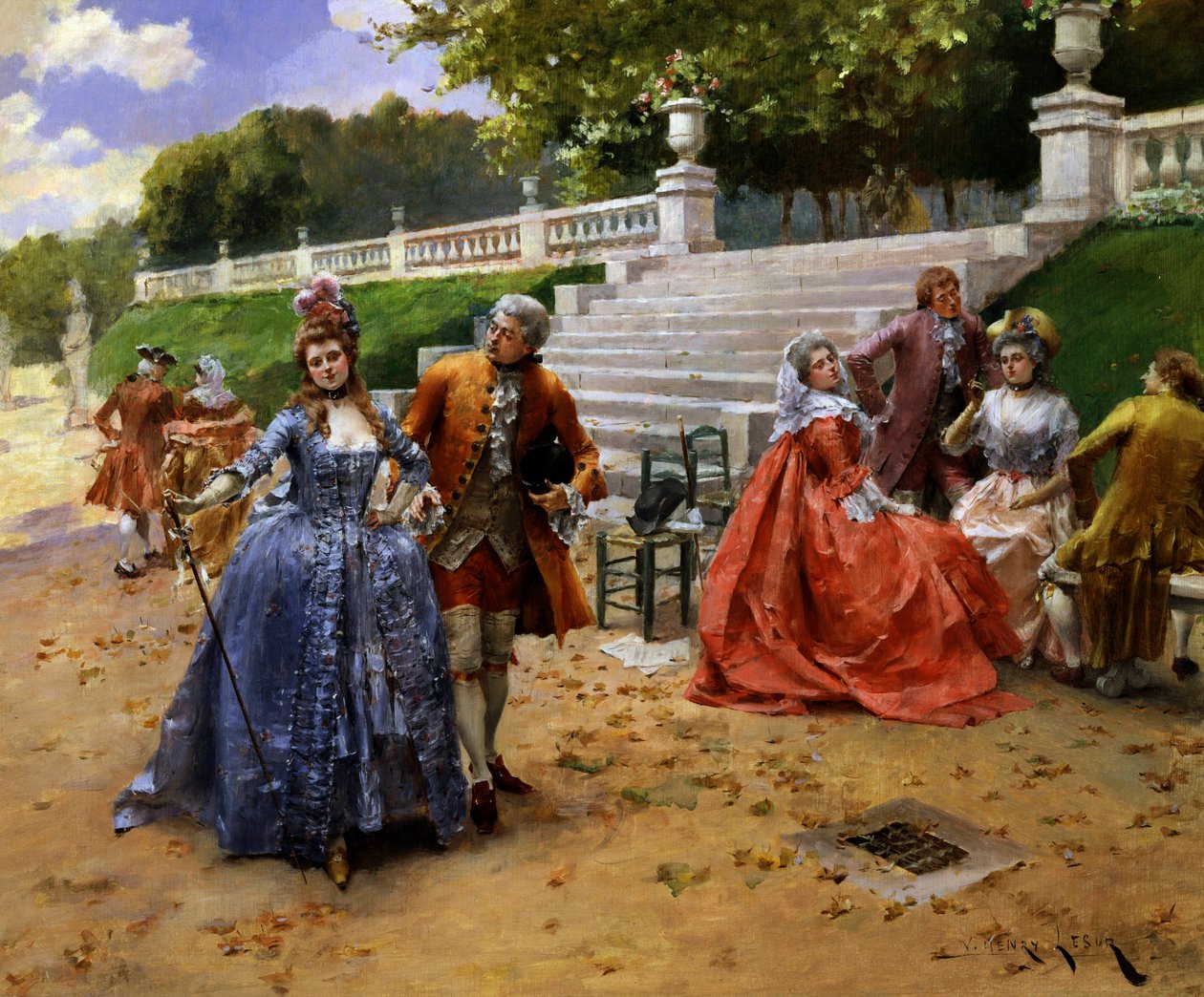 Een middagwandeling. Een middagwandeling. Conversatie en pratende jongeren. Schilderij van Henri-Victor Lesur (Henri Victor Lesur door Henri-Victor Lesur