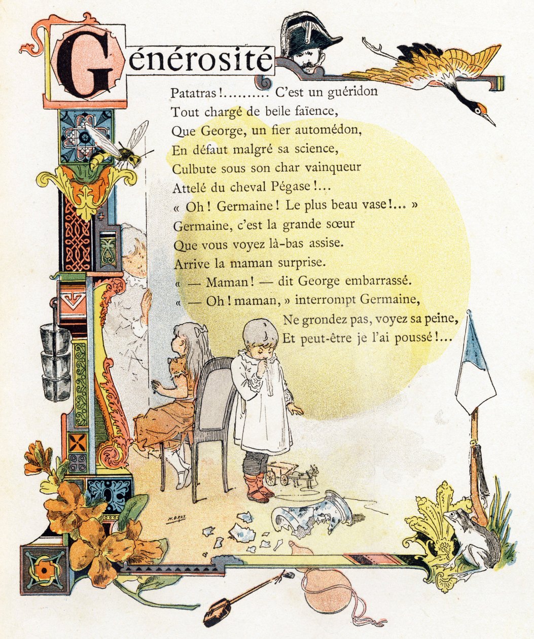 Lettre G Generosite - Gendarme Grue Guepe Godets Giroflee Gourde Grenouille - Gravure in "Alphabet des bons exemples" - Jules Levy, uitgever - Illustraties van Henri Boulanger, alias Henri Gray (1858-1924). Teksten (gedichten) van Mevr. P. Boulanger door Henri (1858 1924) Gray