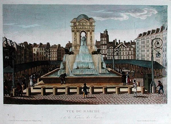Zicht op de Marche des Innocents, gegraveerd door Eugene Dubois, ca. 1815-20 (gekleurde gravure) door Henri (after) Courvoisier Voisin
